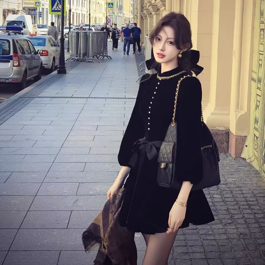 먹는다. 녹색 접시 보 라드. 천 골드 신제품 95 접기 레트로 검정색 벨벳 드레스 재킷 경기 치마바지 이미지 3