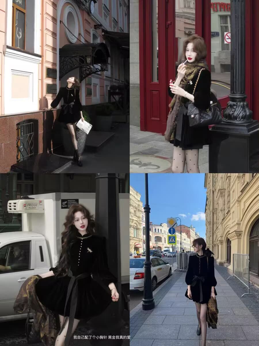 먹는다. 녹색 접시 보 라드. 천 골드 신제품 95 접기 레트로 검정색 벨벳 드레스 재킷 경기 치마바지 이미지 5