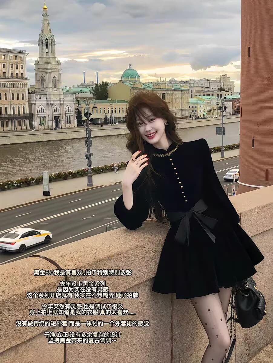 먹는다. 녹색 접시 보 라드. 천 골드 신제품 95 접기 레트로 검정색 벨벳 드레스 재킷 경기 치마바지 상세 이미지 1