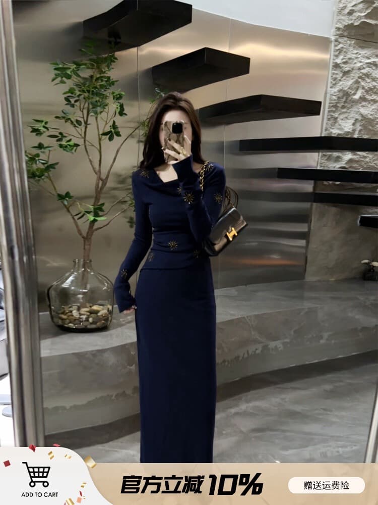 대 찌르기 가을 새로운 흔들다 칼라 디자인 센스 긴팔 패션 빛 럭셔리 프랑스식 몸매 가꾸기 반 스커트 세트 상세 이미지 6