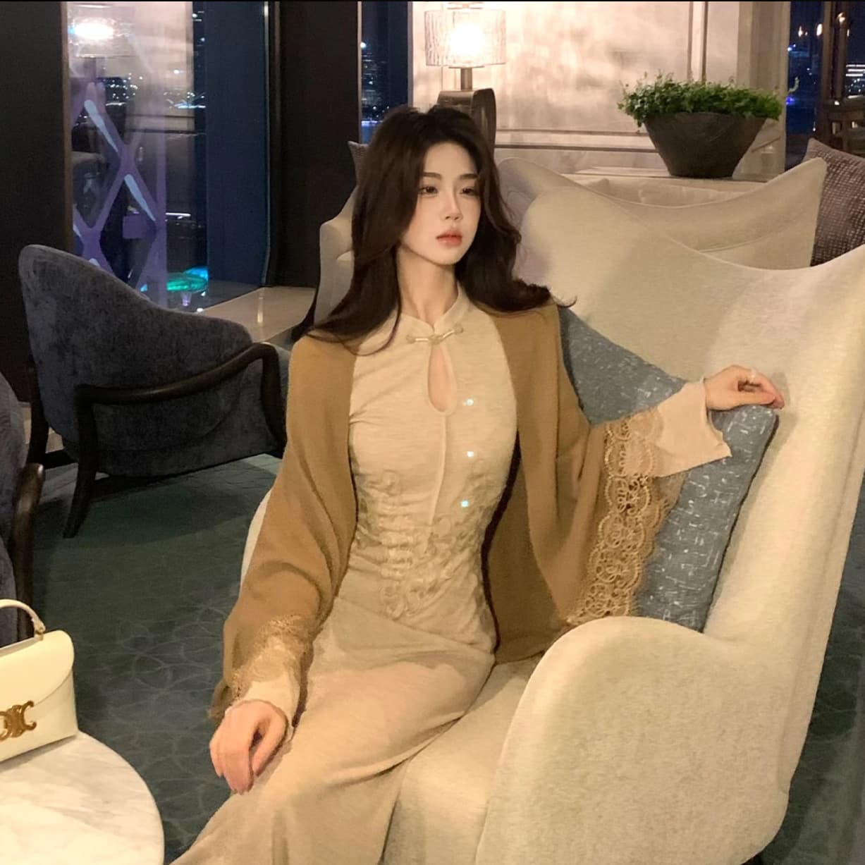 무쯔리 목자이 ~ 중 리 살구 길쌈 구름 드레스 새로운 중식 패션 품격 스탠드 칼라 디스크 구두 자수 롱 스커트 디자인 센스 숄 세트 이미지 5