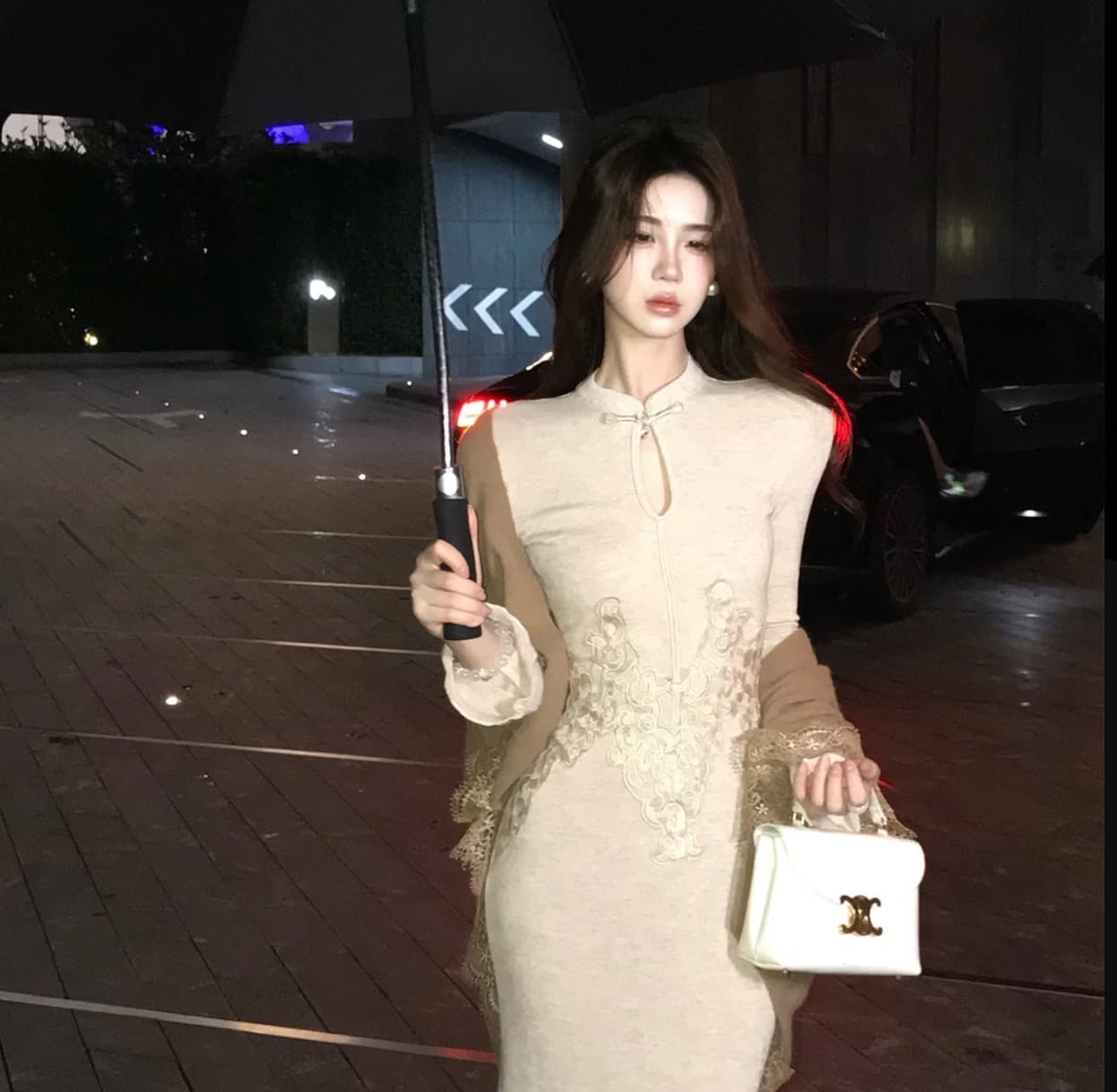 무쯔리 목자이 ~ 중 리 살구 길쌈 구름 드레스 새로운 중식 패션 품격 스탠드 칼라 디스크 구두 자수 롱 스커트 디자인 센스 숄 세트 상세 이미지 1
