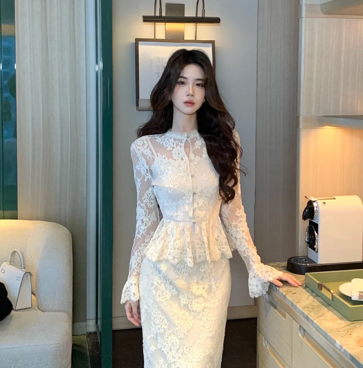 무쯔리 목자이 ~ 중 리 밝은 달 응축수 서리 이른 가을 우아함 몸매 가꾸기 레이스 세트 긴팔 허리 수축 스트레이트 반신 스커트 상세 이미지 1