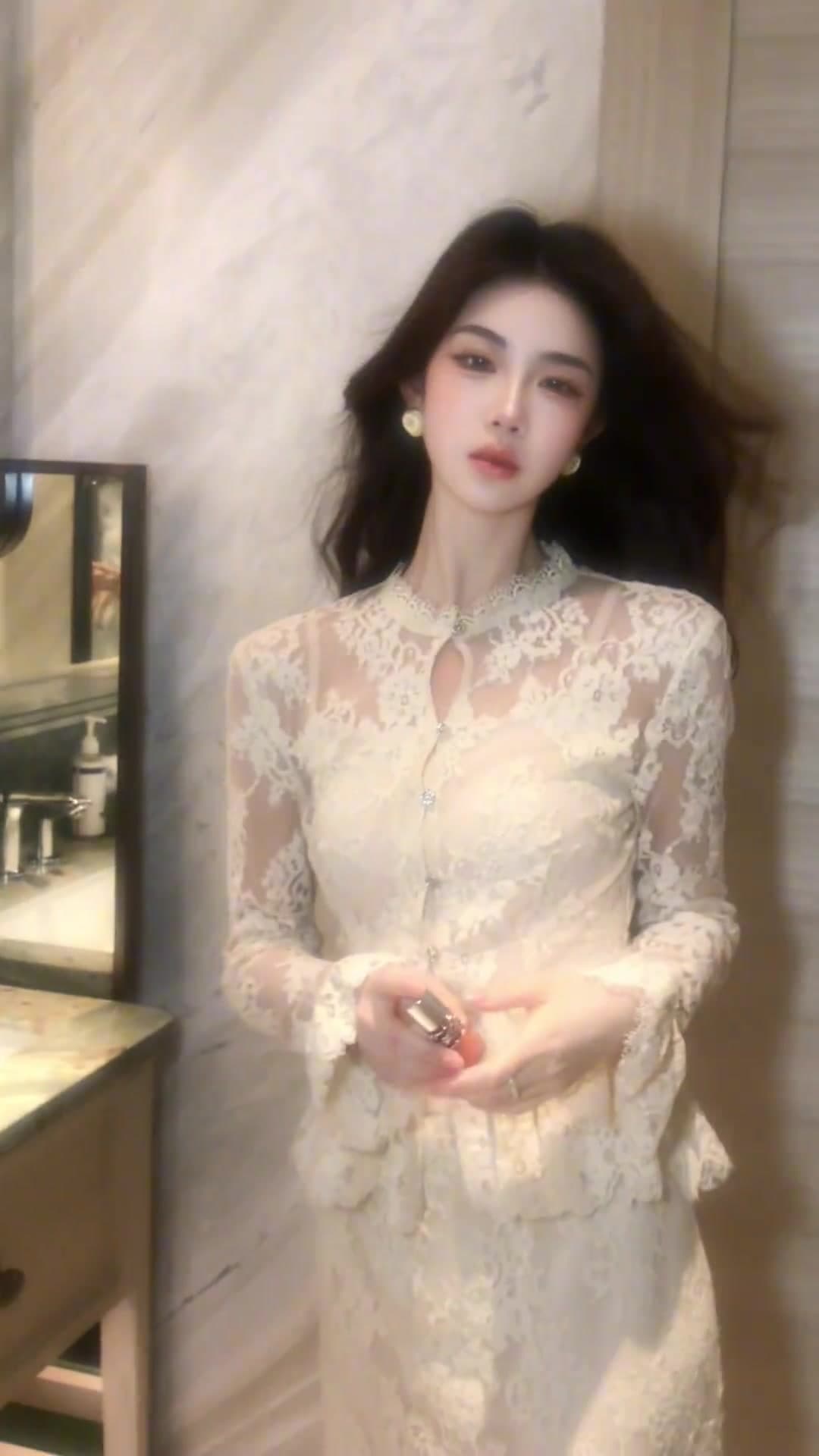 무쯔리 목자이 ~ 중 리 밝은 달 응축수 서리 이른 가을 우아함 몸매 가꾸기 레이스 세트 긴팔 허리 수축 스트레이트 반신 스커트 상세 이미지 3