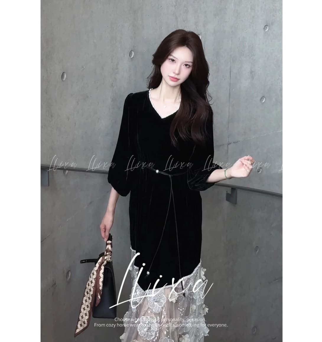 liixu 프랑스식 긴팔 여성 드레스 새로운 고급 센스 품격 패치워크 망사 길다 치마 벨트 포함 상세 이미지 2