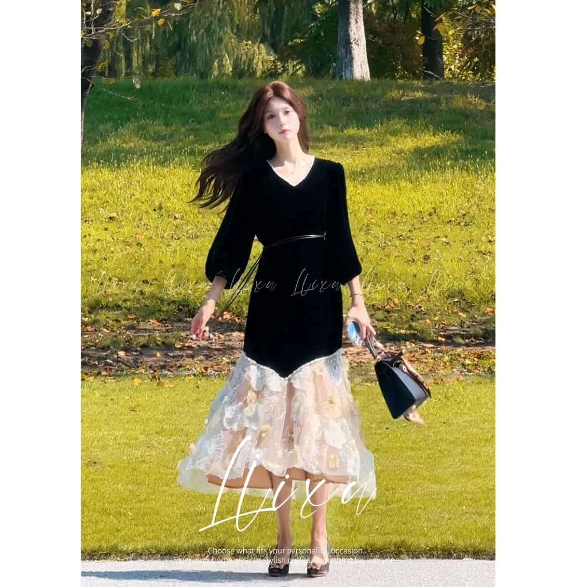 liixu 프랑스식 긴팔 여성 드레스 새로운 고급 센스 품격 패치워크 망사 길다 치마 벨트 포함 상세 이미지 5