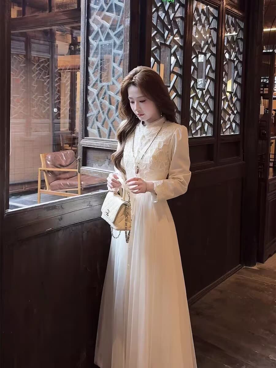 찌르기 Sansheng 제 3 세계 화이트 얕은 고전 치파오 드레스 요정 가스 오픈 가디건 세트 이미지 5