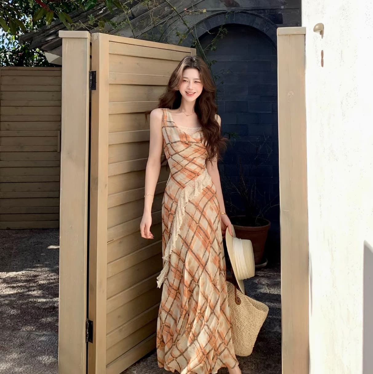 무쯔리 목자이 ~ 중 리 안개 브라운 제직 지앤 프랑스식 느긋한 흔들다 칼라 민소매 체크무늬 프린트 도루 센스 레이스 조각 롱 스커트 이미지 5