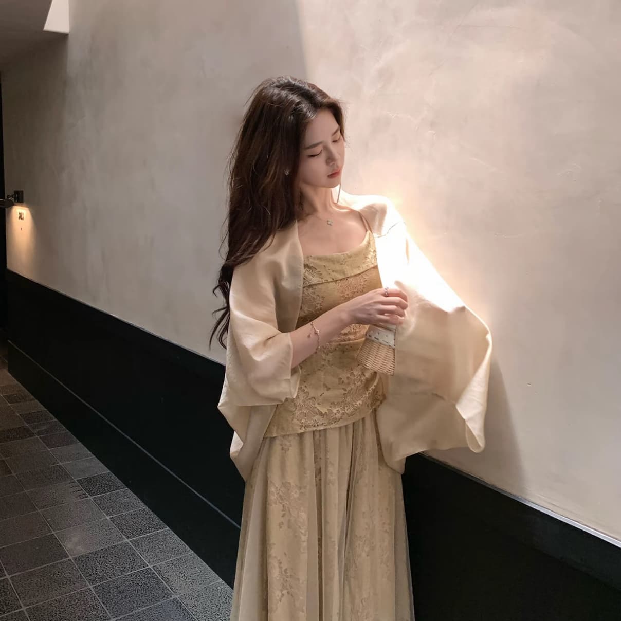 무쯔리 목자이 ~ 중 리 로터스 안개 그것 라임 감기 센스 홀로우 아웃 레이스 슬립 맨위 도루 센스 망사 반신 스커트 세트 상세 이미지 3