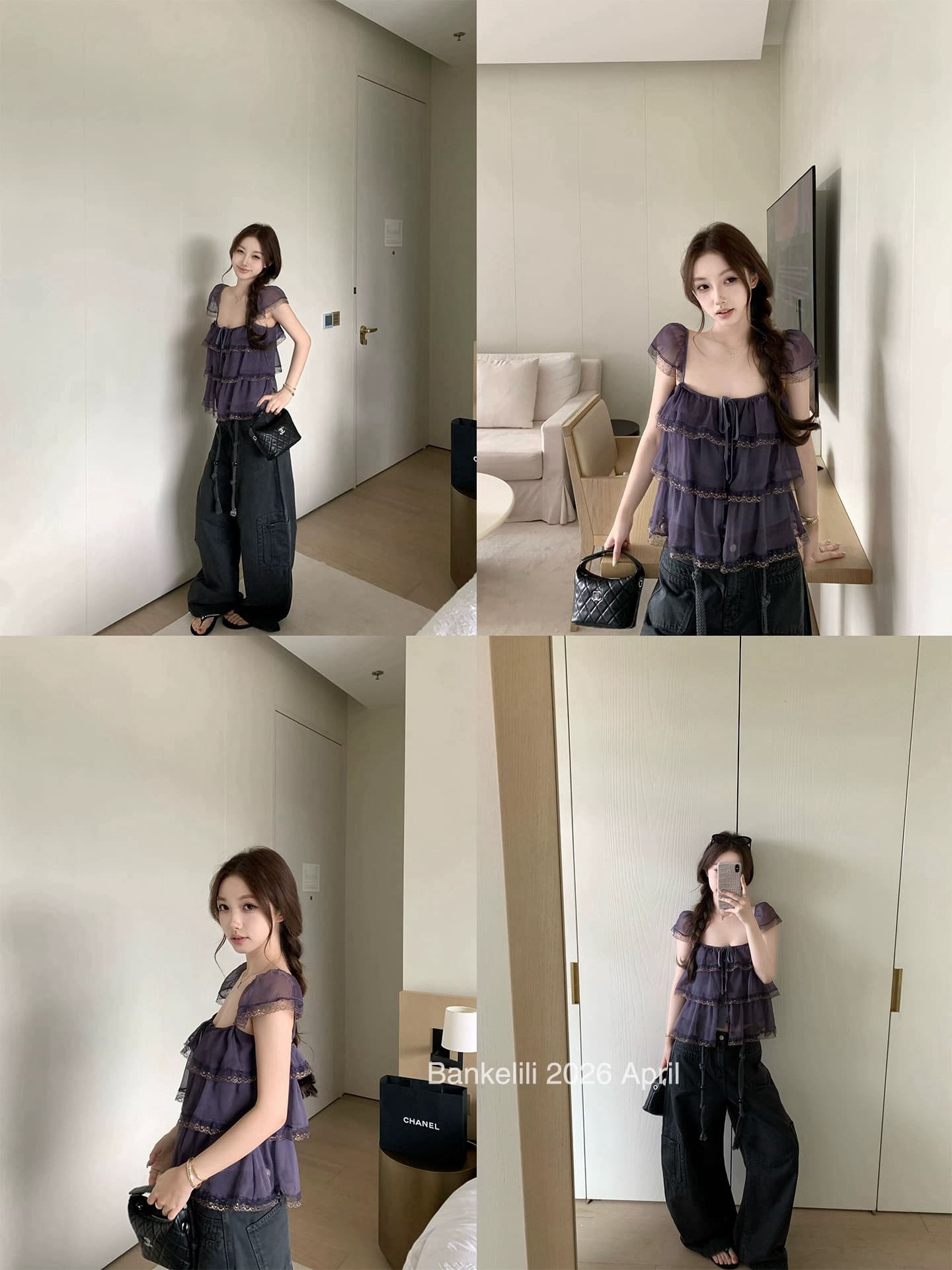 밤나무 코코아 bankelili 팬 바다 리건 프릴 레이스 계층의 감각 작은 날다 소매 광장 칼라 슬립 여성 상세 이미지 4
