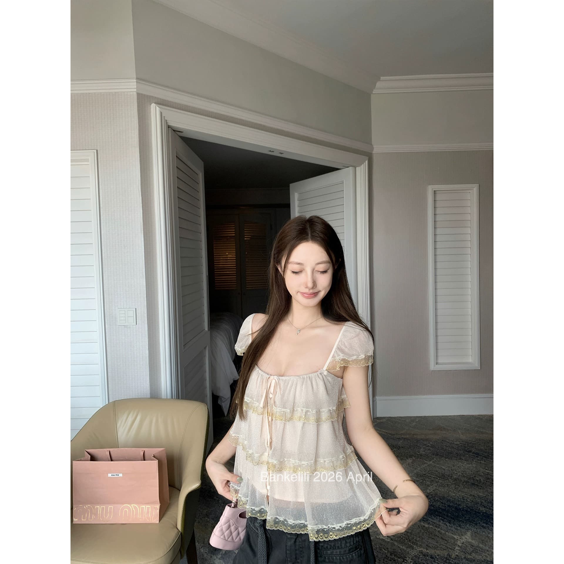 밤나무 코코아 bankelili 팬 바다 리건 프릴 레이스 계층의 감각 작은 날다 소매 광장 칼라 슬립 여성 상세 이미지 5