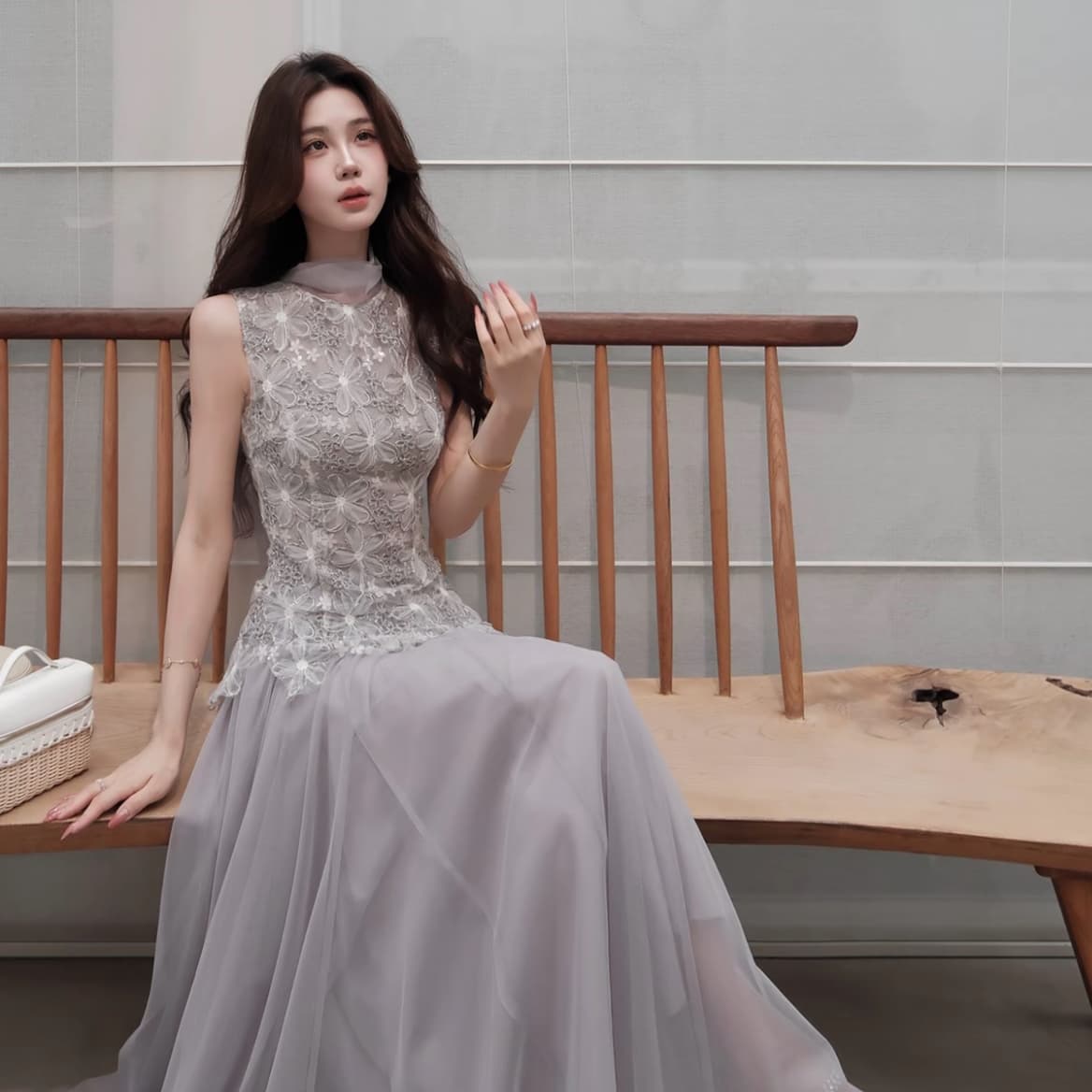 무쯔리 목자이 ~ 중 리 제직 밀가루 포함 꽃 감기 품격 3 차원 꽃잎 레이스 망사 패치워크 민소매 허리 수축 맨위 세트 이미지 6