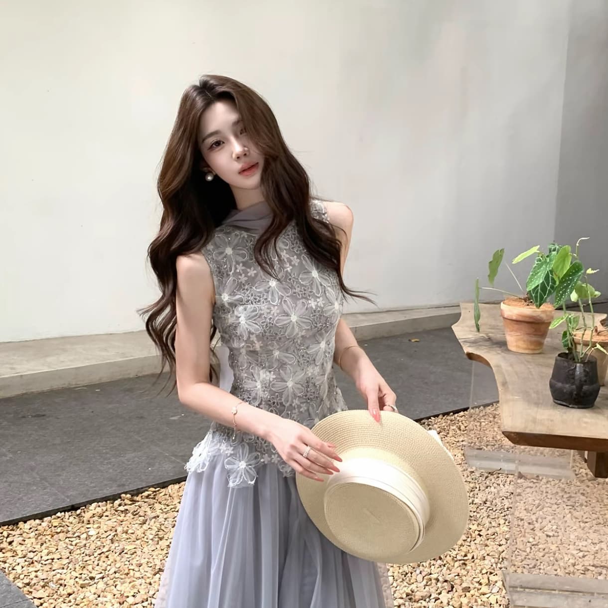 무쯔리 목자이 ~ 중 리 제직 밀가루 포함 꽃 감기 품격 3 차원 꽃잎 레이스 망사 패치워크 민소매 허리 수축 맨위 세트 이미지 2