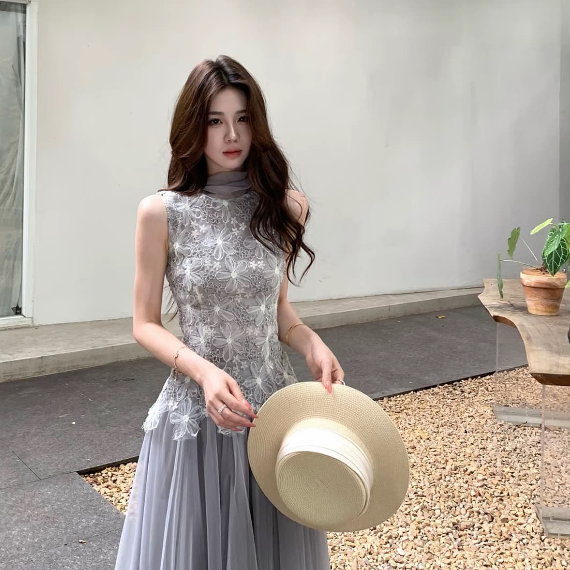 무쯔리 목자이 ~ 중 리 제직 밀가루 포함 꽃 감기 품격 3 차원 꽃잎 레이스 망사 패치워크 민소매 허리 수축 맨위 세트 이미지 5