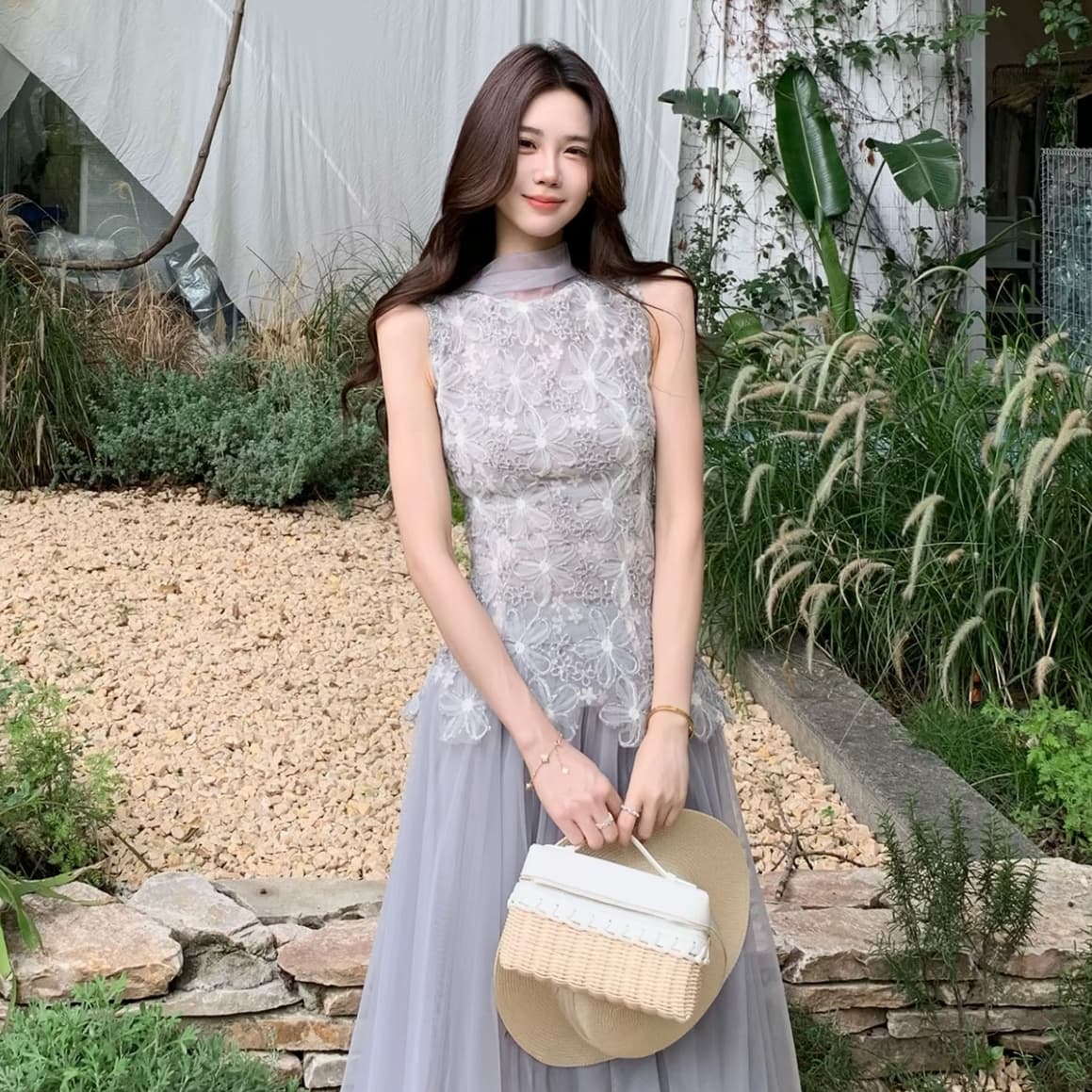 무쯔리 목자이 ~ 중 리 제직 밀가루 포함 꽃 감기 품격 3 차원 꽃잎 레이스 망사 패치워크 민소매 허리 수축 맨위 세트 상세 이미지 2