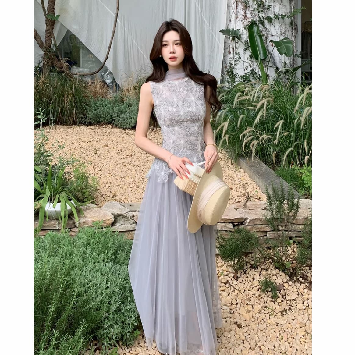 무쯔리 목자이 ~ 중 리 제직 밀가루 포함 꽃 감기 품격 3 차원 꽃잎 레이스 망사 패치워크 민소매 허리 수축 맨위 세트 상세 이미지 9