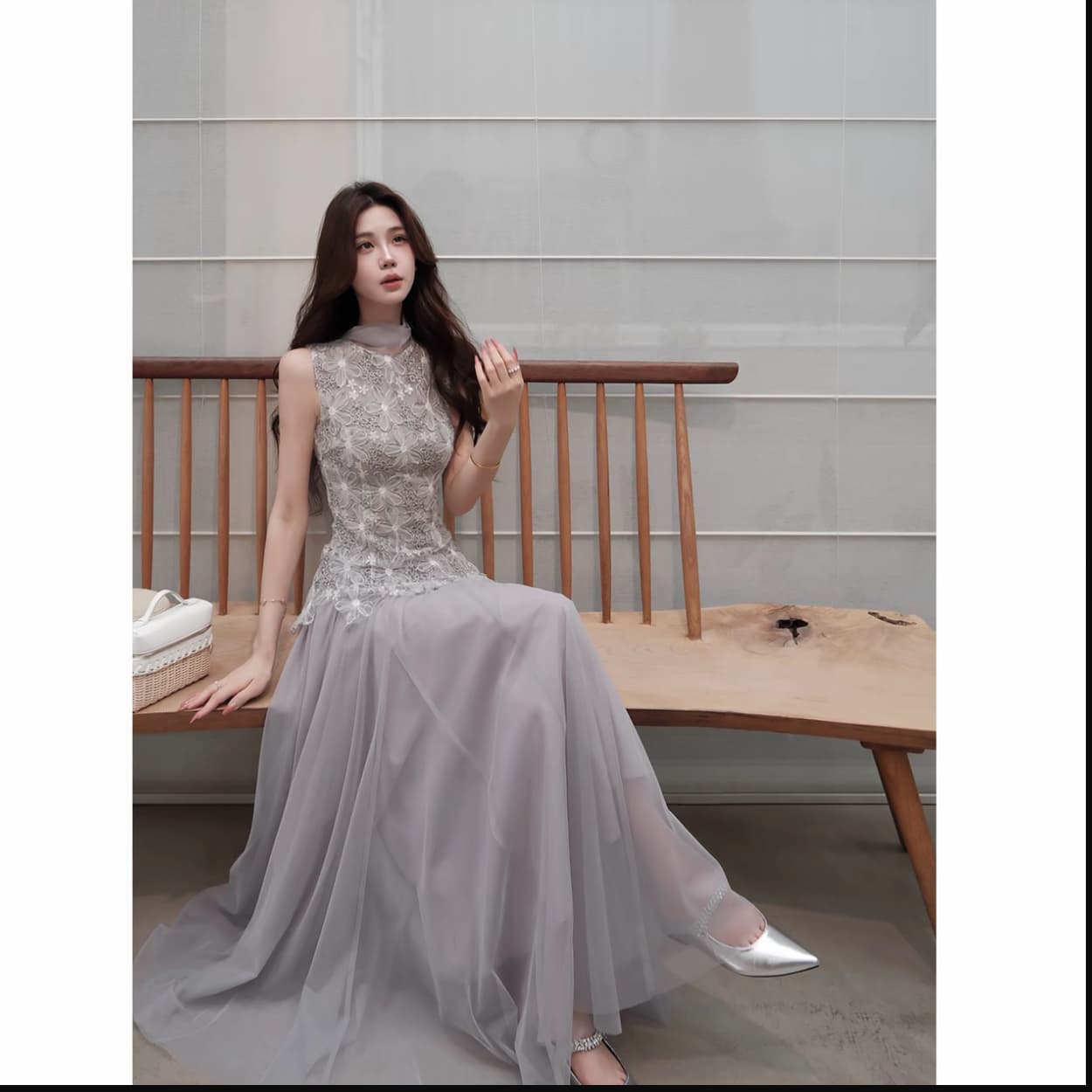 무쯔리 목자이 ~ 중 리 제직 밀가루 포함 꽃 감기 품격 3 차원 꽃잎 레이스 망사 패치워크 민소매 허리 수축 맨위 세트 상세 이미지 10
