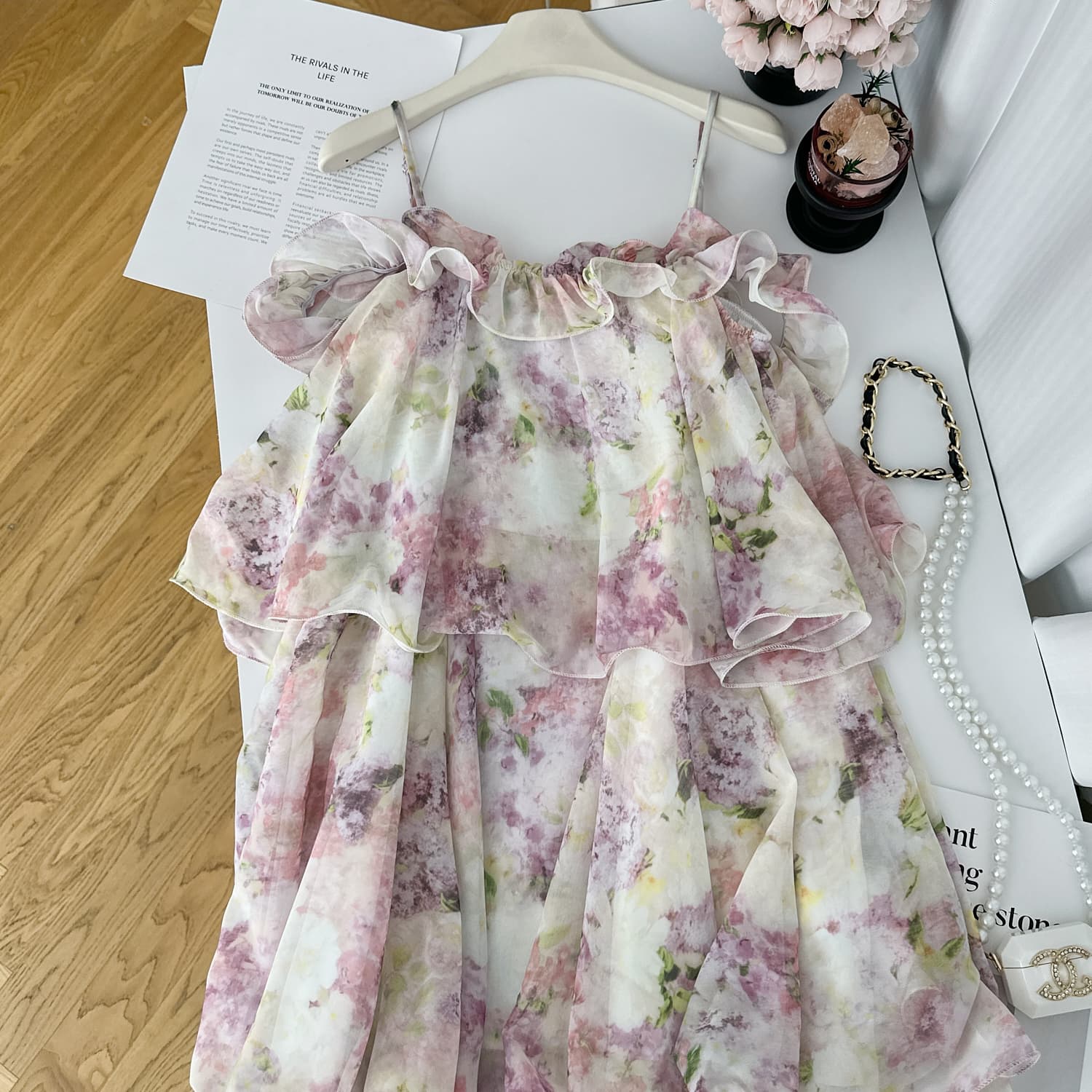 walkindark 보라색 연기 딜 프랑스식 학위 가짜 물고기 선 꽃무늬 쉬폰 케이크 드레스 반팔 슬립 드레스 상세 이미지 24