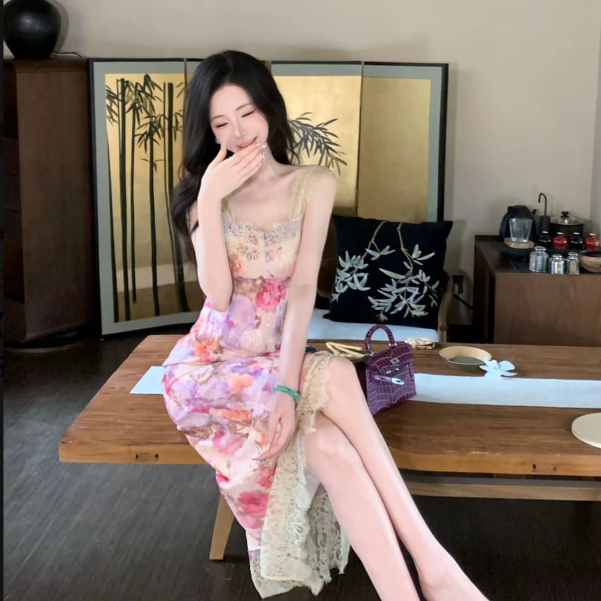 우아한 조 맞춤 하느님 뒷 정원 유화 장미 헤일로 염색 레이스 조각 드레스 상세 이미지 3