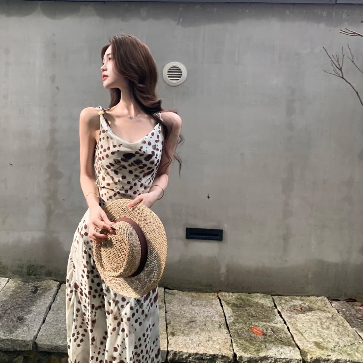 무쯔리 목자이 ~ 중 리 맑은 창 와일드 그림자 디자인 센스 품격 슬립 흔들다 칼라 드레스 하이웨이스트 스트랩 A라인 스커트 이미지 3