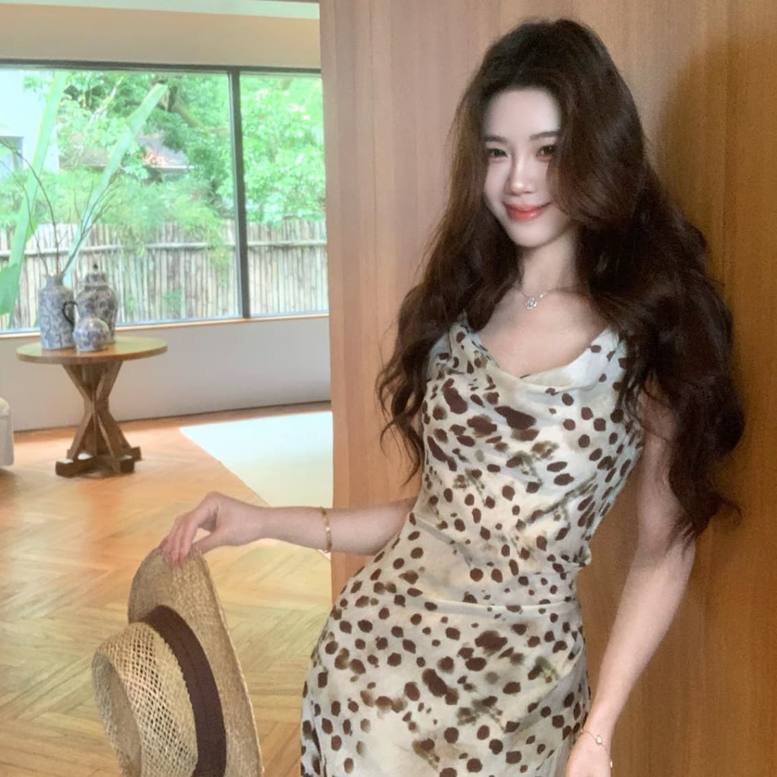 무쯔리 목자이 ~ 중 리 맑은 창 와일드 그림자 디자인 센스 품격 슬립 흔들다 칼라 드레스 하이웨이스트 스트랩 A라인 스커트 상세 이미지 4