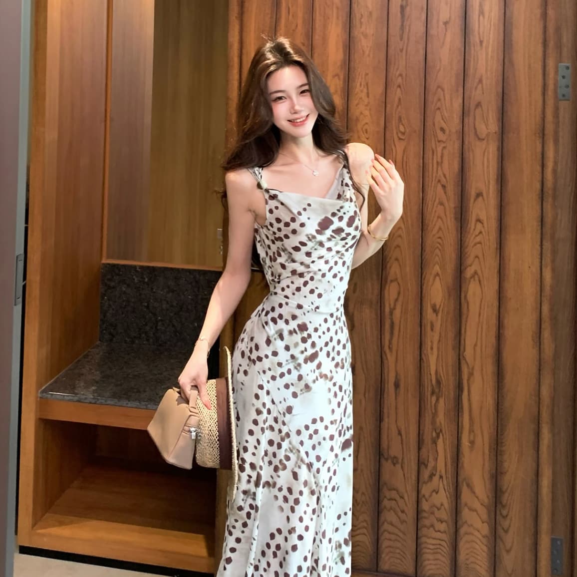 무쯔리 목자이 ~ 중 리 맑은 창 와일드 그림자 디자인 센스 품격 슬립 흔들다 칼라 드레스 하이웨이스트 스트랩 A라인 스커트 상세 이미지 5