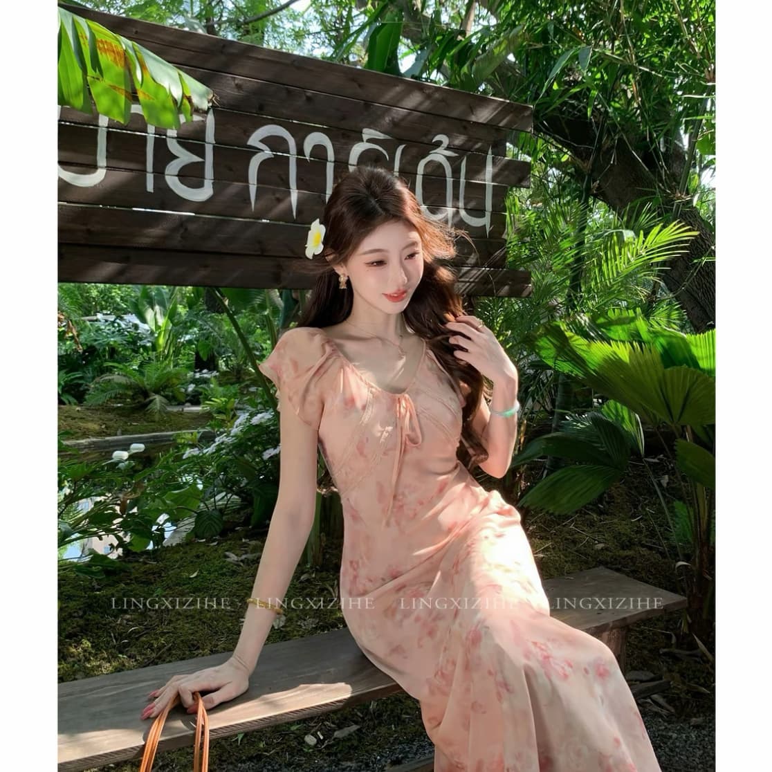 링 茜 거만한 와우 구름 사쿠라 빛 소매 새로운 중식 품격 프랑스식 여름 슬림해 보이는 꽃무늬 드레스 작은 날다 소매 롱 스커트 이미지 4