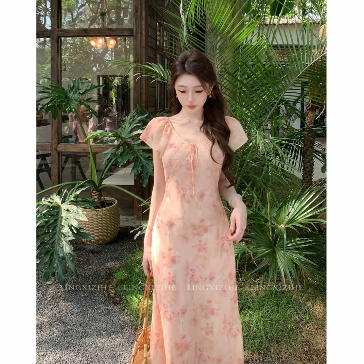 링 茜 거만한 와우 구름 사쿠라 빛 소매 새로운 중식 품격 프랑스식 여름 슬림해 보이는 꽃무늬 드레스 작은 날다 소매 롱 스커트 상세 이미지 1