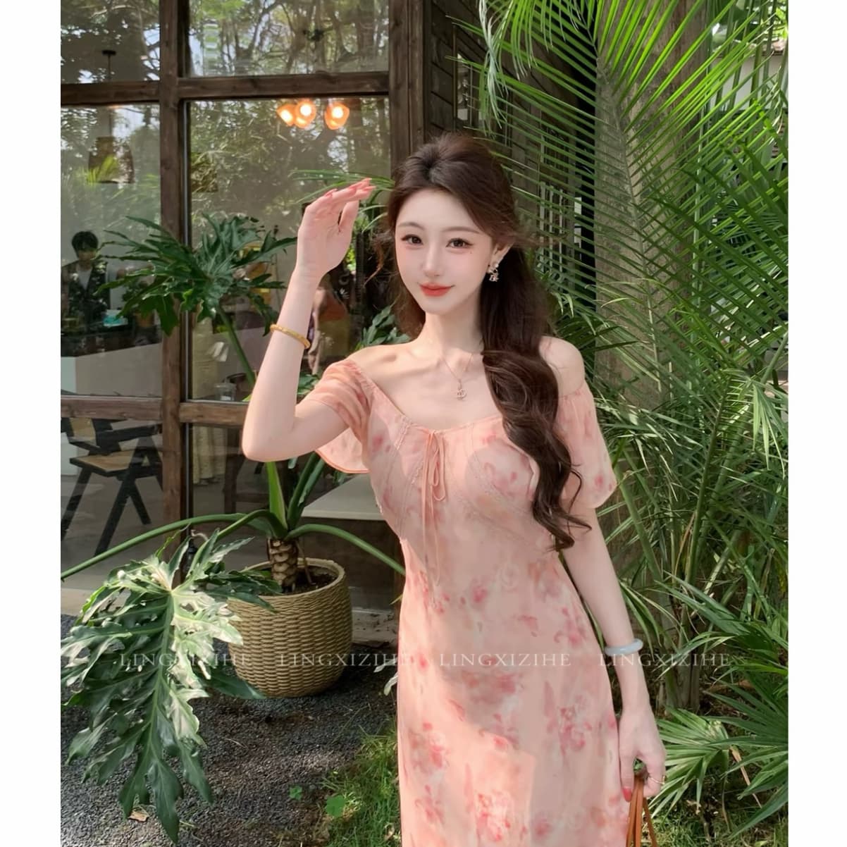링 茜 거만한 와우 구름 사쿠라 빛 소매 새로운 중식 품격 프랑스식 여름 슬림해 보이는 꽃무늬 드레스 작은 날다 소매 롱 스커트 상세 이미지 2