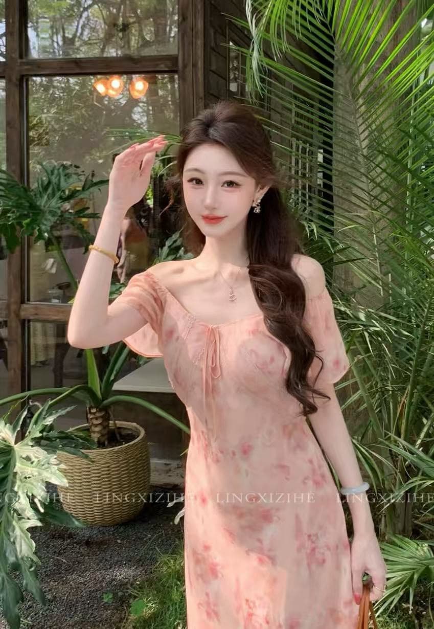 링 茜 거만한 와우 구름 사쿠라 빛 소매 새로운 중식 품격 프랑스식 여름 슬림해 보이는 꽃무늬 드레스 작은 날다 소매 롱 스커트 상세 이미지 5