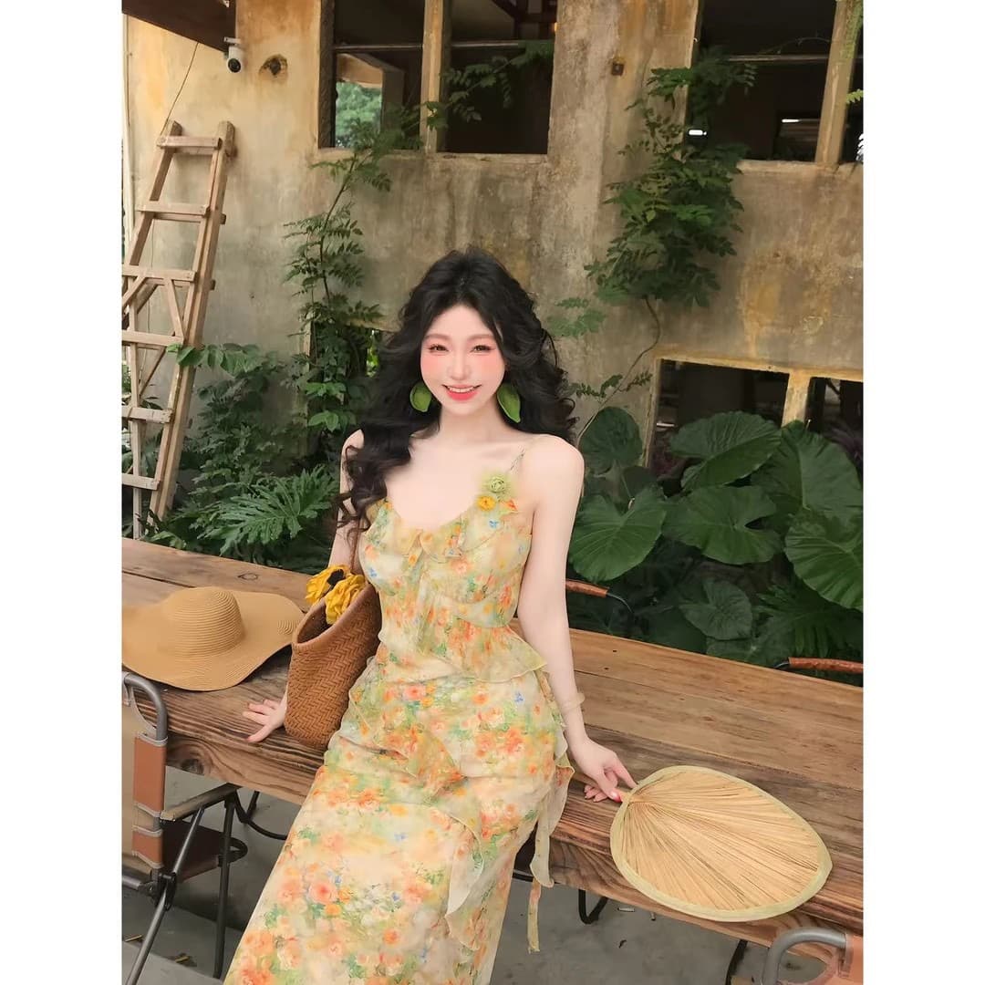맑은 야생화 리플 프랑스식 레트로 디자인 센스 요정 가스 품격 슬림해 보이는 하이웨이스트 여름 신제품 슬립 드레스 이미지 2