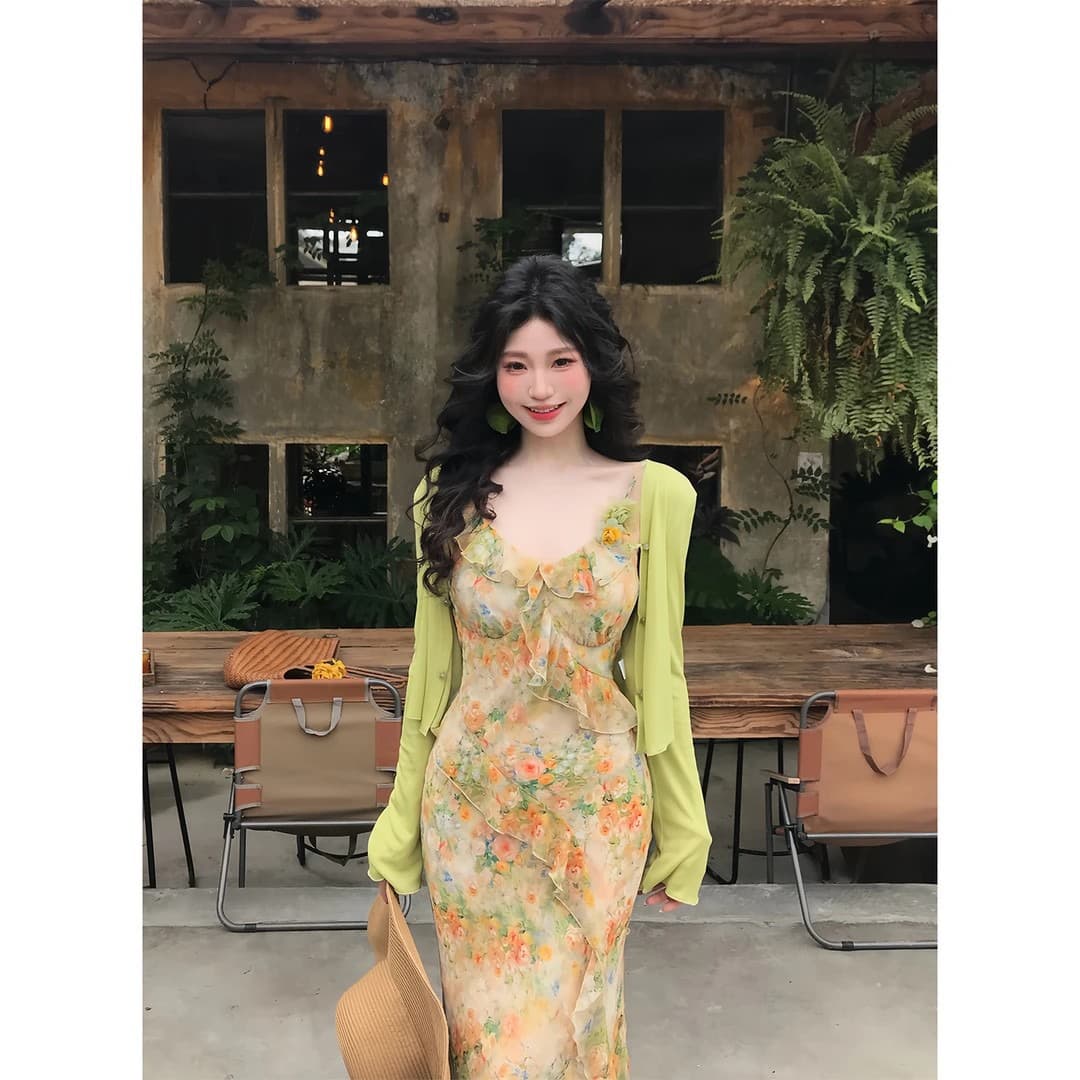 맑은 야생화 리플 프랑스식 레트로 디자인 센스 요정 가스 품격 슬림해 보이는 하이웨이스트 여름 신제품 슬립 드레스 이미지 3