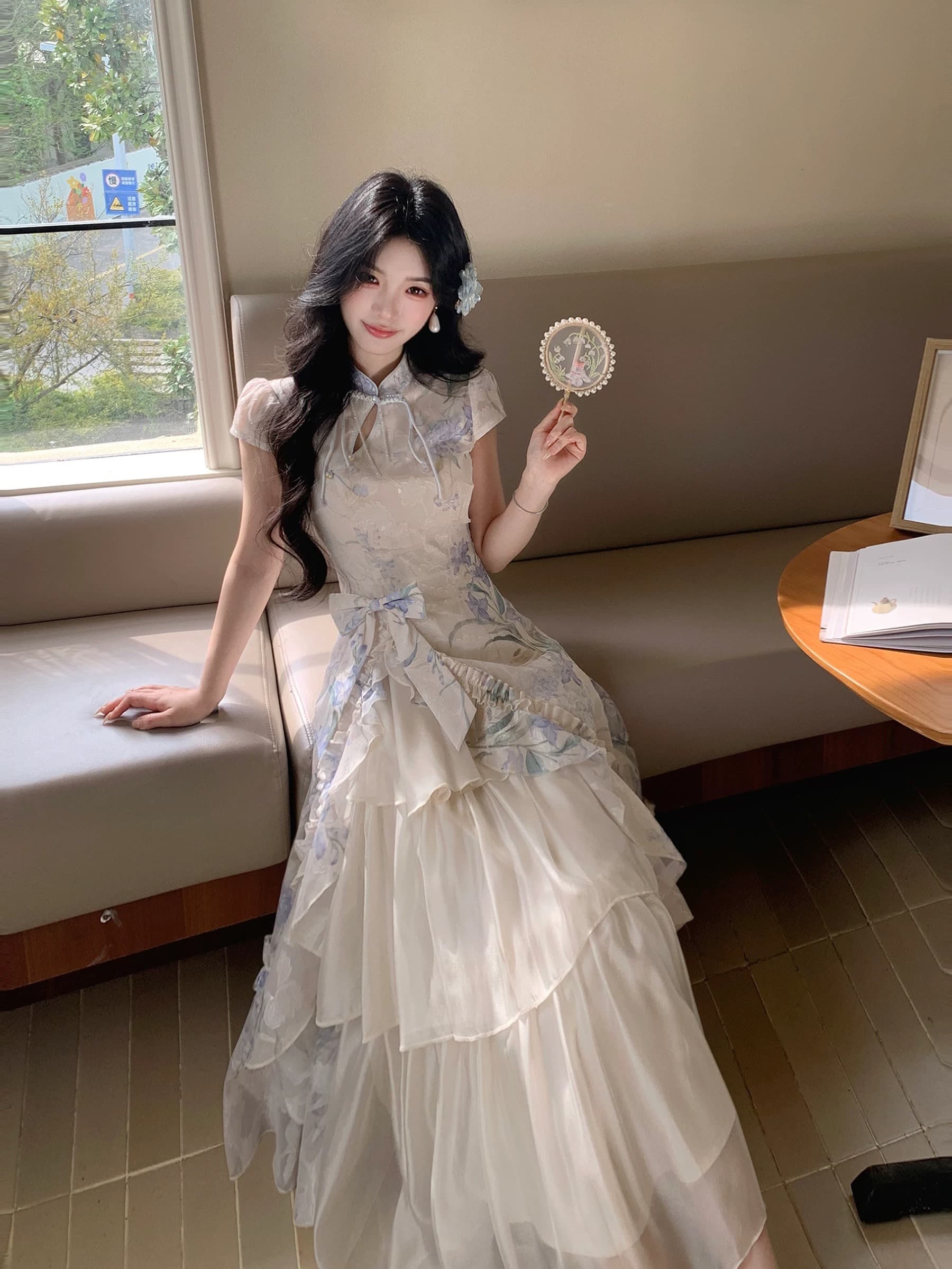 blovelan 콩구 난초 원 웨이 새로운 중식 프린트 개선 치파오 불규칙 패치워크 큰 진자 드레스 상세 이미지 4