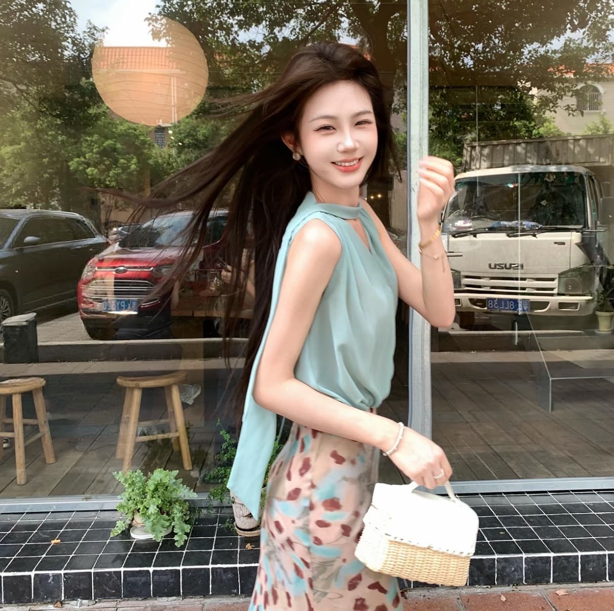 무쯔리 목자이 ~ 중 리 임신 한 비 연애 편지 박하 행침 목 민소매 맨위 헤일로 염색 반신 스커트 부드러운 품격 세트 상세 이미지 1