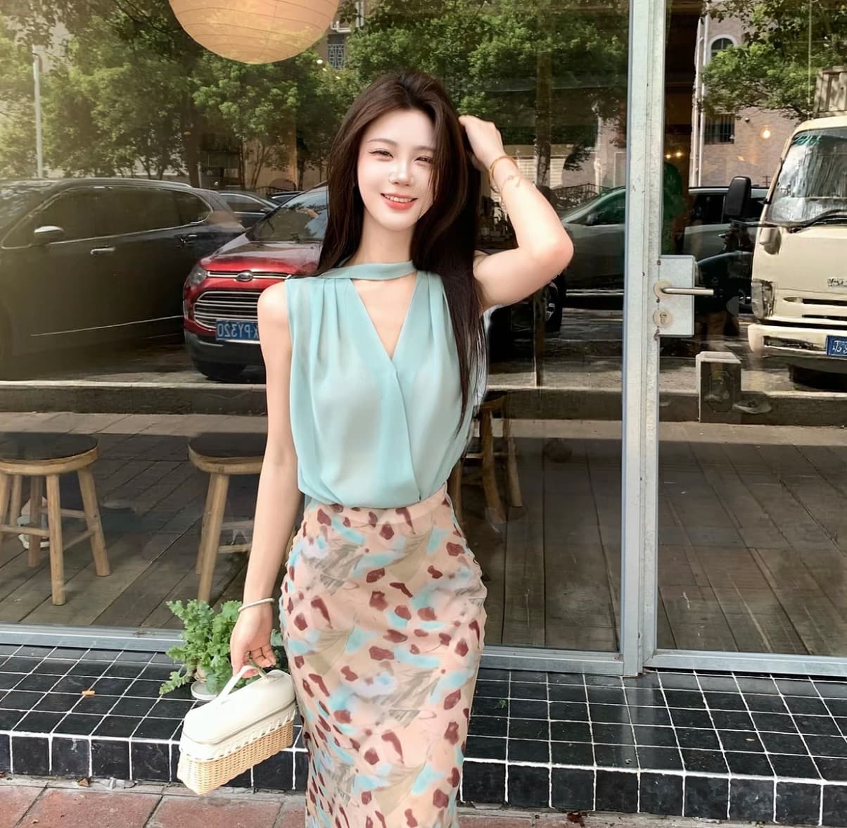 무쯔리 목자이 ~ 중 리 임신 한 비 연애 편지 박하 행침 목 민소매 맨위 헤일로 염색 반신 스커트 부드러운 품격 세트 상세 이미지 2