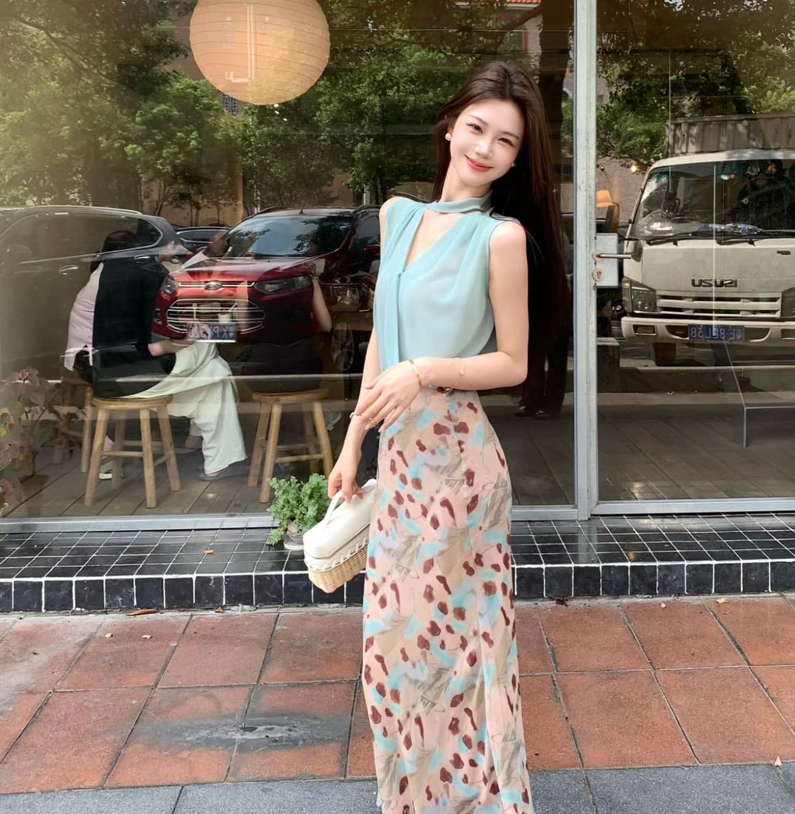 무쯔리 목자이 ~ 중 리 임신 한 비 연애 편지 박하 행침 목 민소매 맨위 헤일로 염색 반신 스커트 부드러운 품격 세트 상세 이미지 3