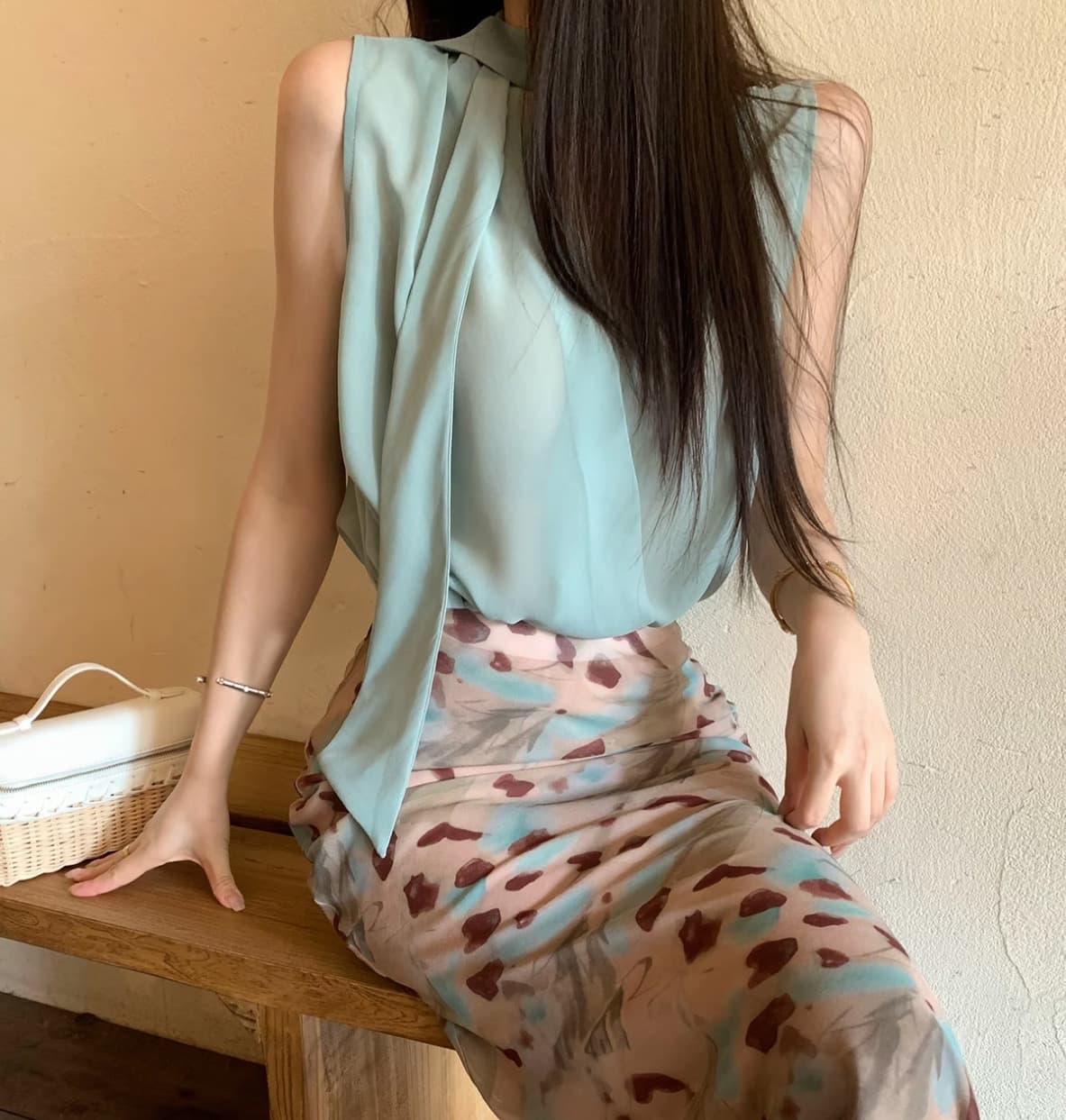 무쯔리 목자이 ~ 중 리 임신 한 비 연애 편지 박하 행침 목 민소매 맨위 헤일로 염색 반신 스커트 부드러운 품격 세트 상세 이미지 5