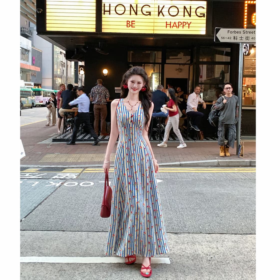 평생 로마의 해풍 와 장미 여름 새로운 디자인 센스 스트라이프 프린트 해변가 휴가 바람 여성 드레스 이미지 5