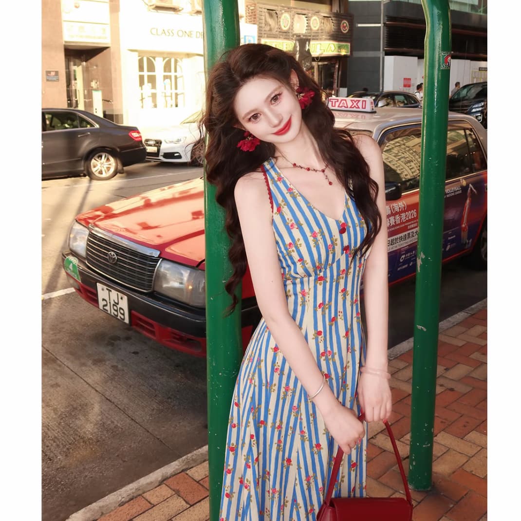 평생 로마의 해풍 와 장미 여름 새로운 디자인 센스 스트라이프 프린트 해변가 휴가 바람 여성 드레스 상세 이미지 5