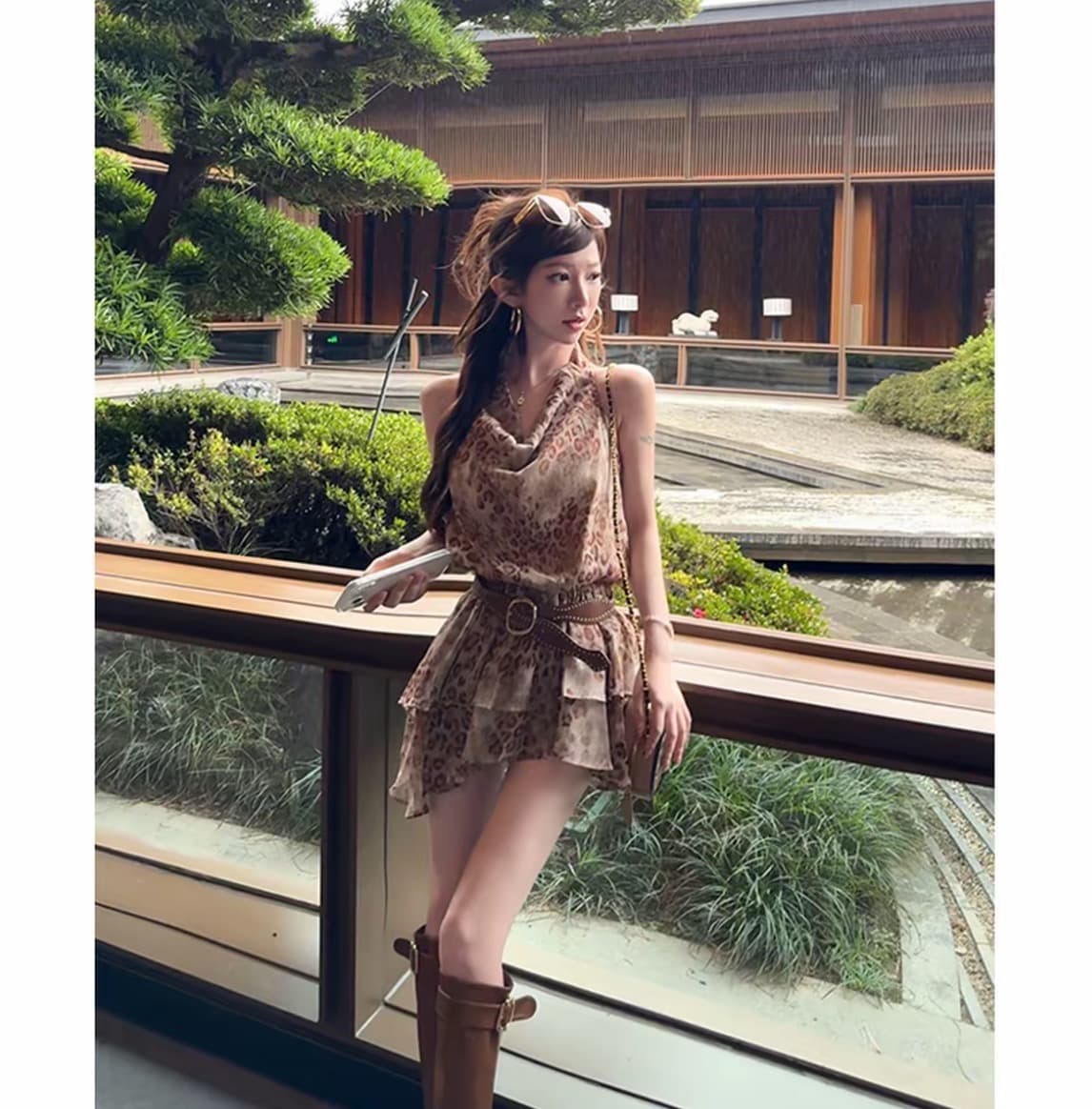 비 자매 천년기 고대 조기 맛 디자인 센스 흔들다 칼라 민소매 쉬폰 레오파드 무늬 드레스 벨트 포함 2026 여름 상세 이미지 4