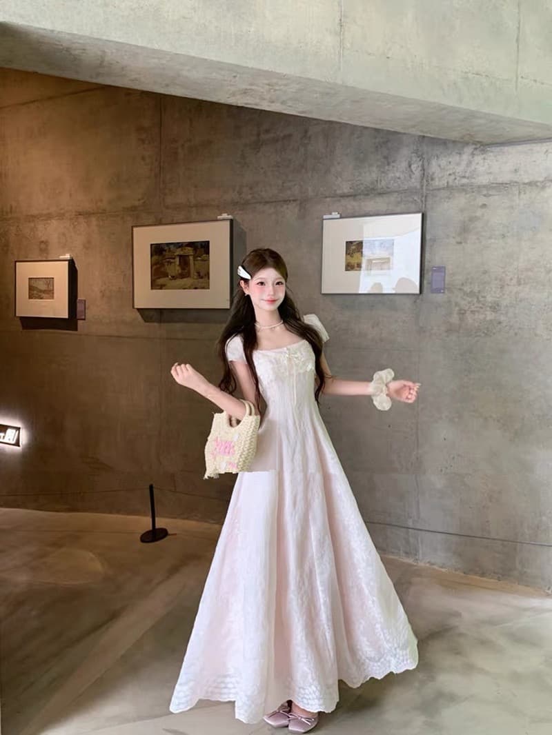 梁子 안개 분말 티 파티 여름 소녀 바람 레이스 조각 자수 롱 스커트 한 마디 허리 수축 드레스 상세 이미지 3