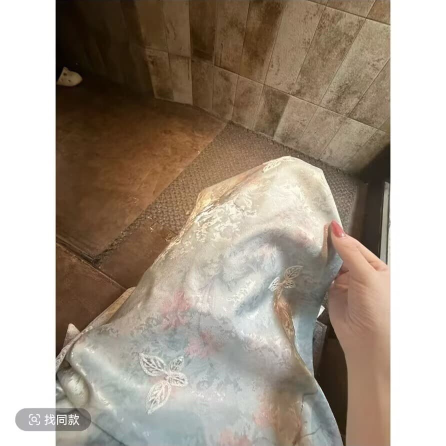 조기 찾는 중 찌르기 문폴 팅 블루 면 린넨 하늘색 프린트 치파오 드레스 이미지 5