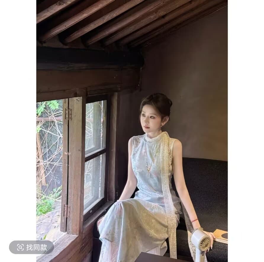 조기 찾는 중 찌르기 문폴 팅 블루 면 린넨 하늘색 프린트 치파오 드레스 상세 이미지 1