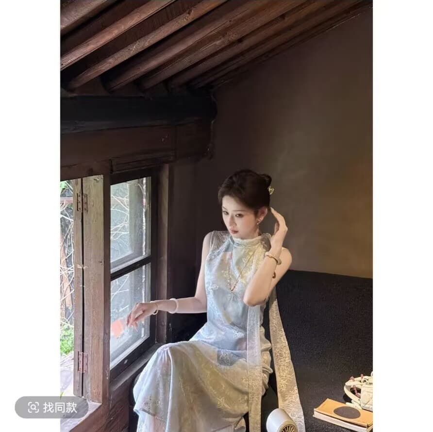 조기 찾는 중 찌르기 문폴 팅 블루 면 린넨 하늘색 프린트 치파오 드레스 상세 이미지 2