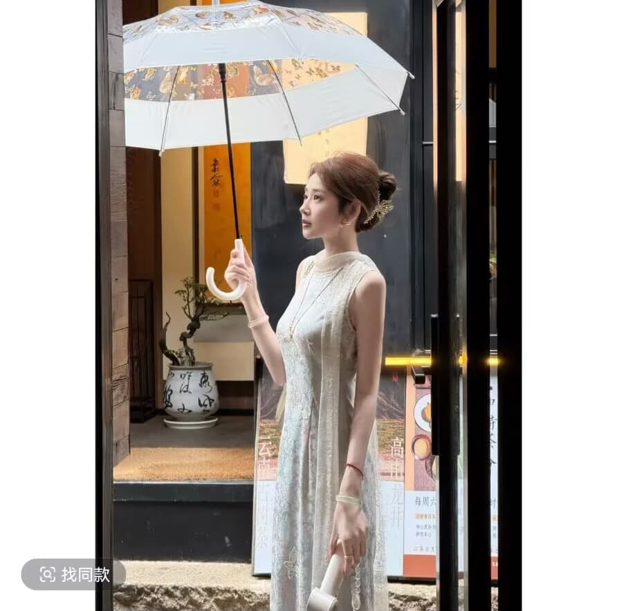 조기 찾는 중 찌르기 문폴 팅 블루 면 린넨 하늘색 프린트 치파오 드레스 상세 이미지 3