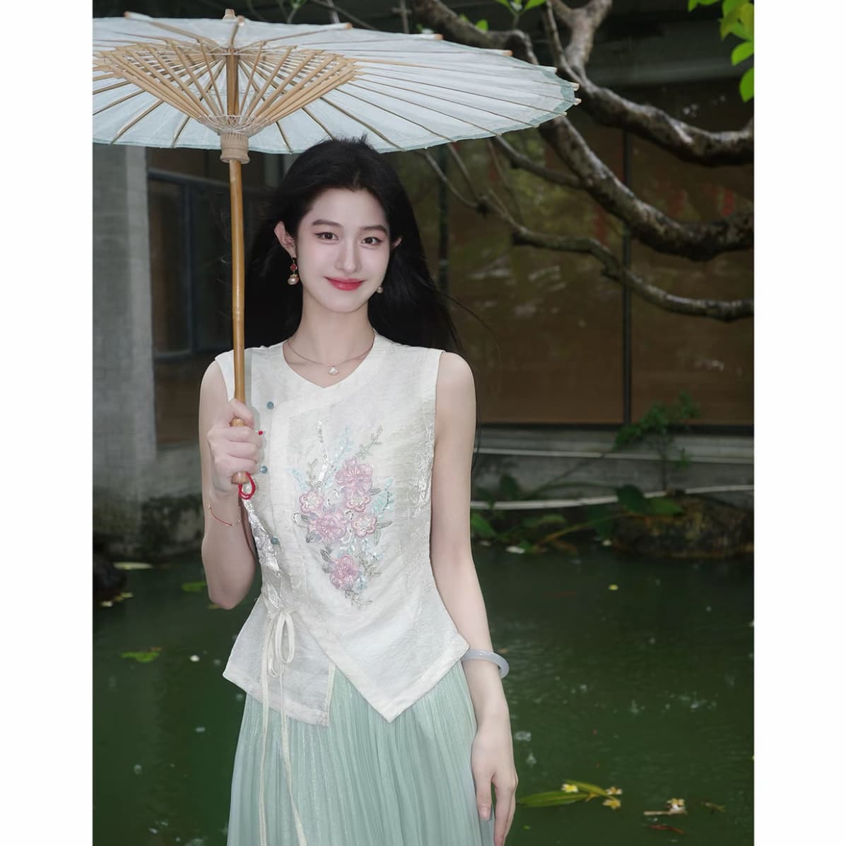 링 茜 거만한 와우 구름 객실 棠 꽃 새로운 중식 무거운 작업 구슬 조각 자수 민소매 맨위 품격 암퇘지 빛 반신 스커트 상세 이미지 2