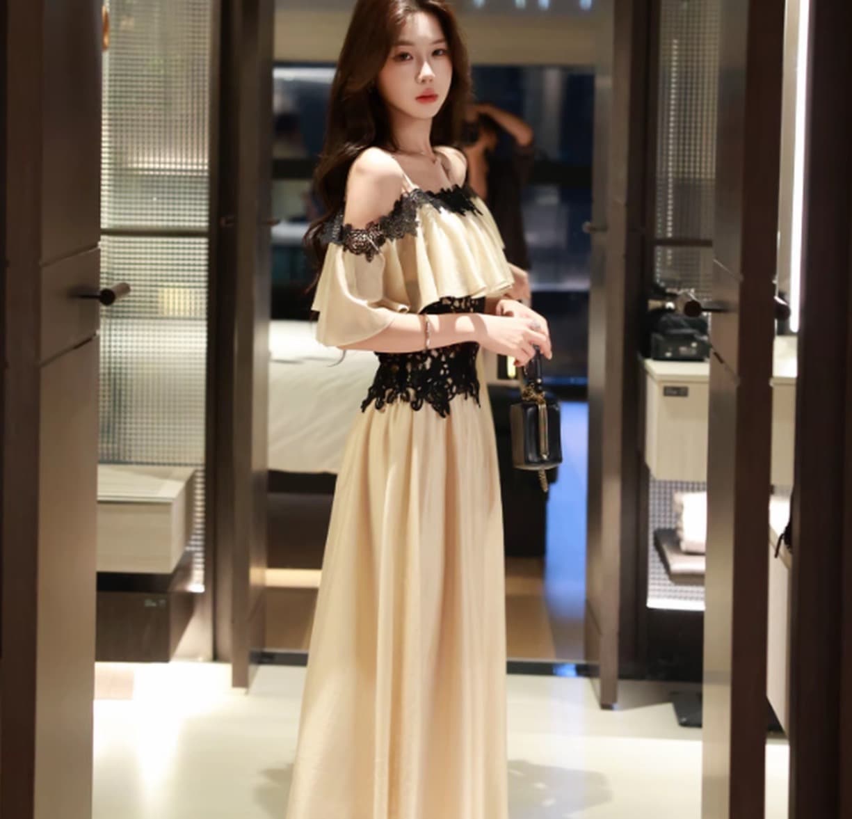 무쯔리 목자이 ~ 중 리 옛날 판화 빛 요리 한 디자인 센스 오프숄더 허리 수축 슬립 도루 센스 반신 치마 세트 상세 이미지 1