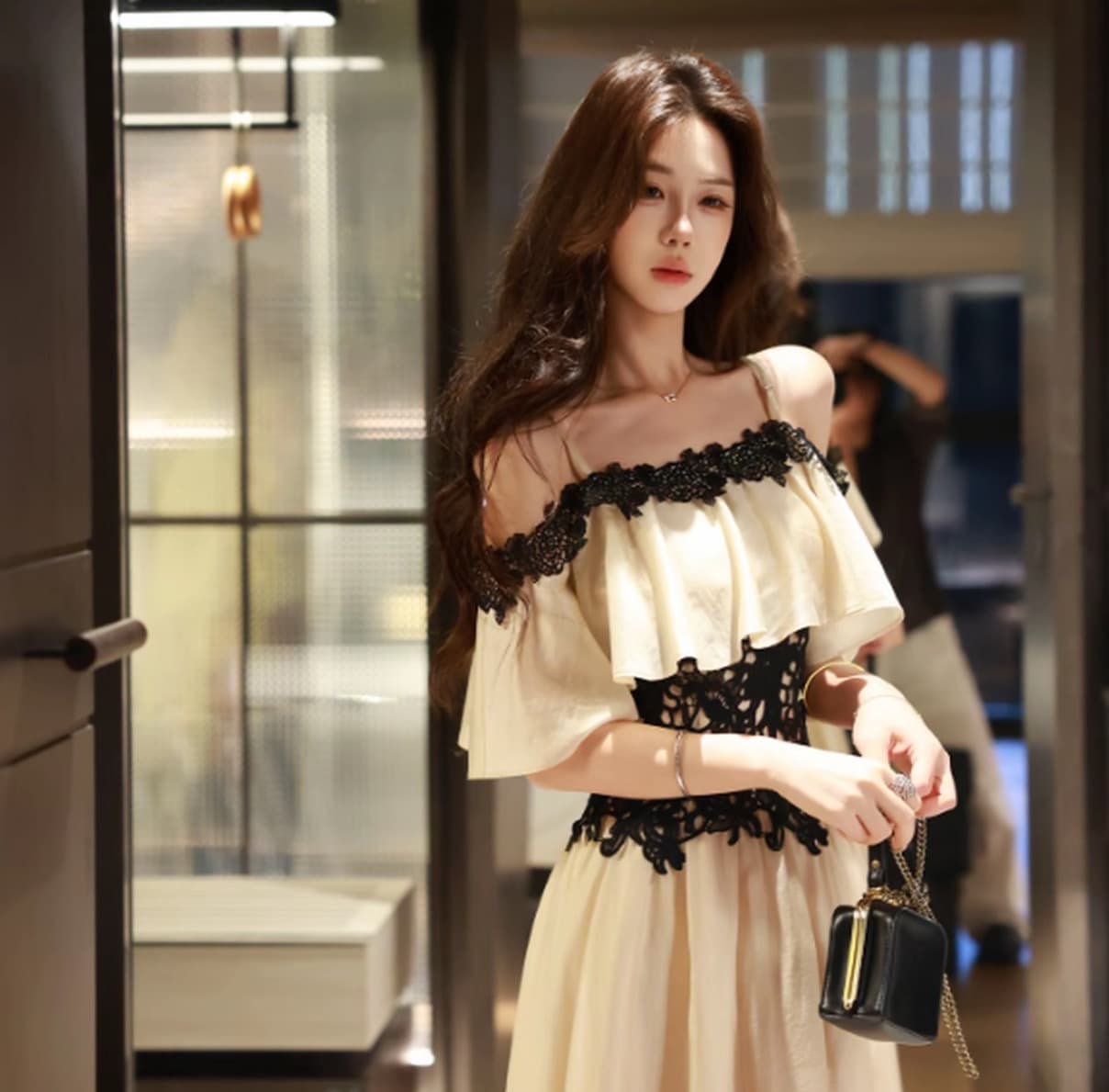 무쯔리 목자이 ~ 중 리 옛날 판화 빛 요리 한 디자인 센스 오프숄더 허리 수축 슬립 도루 센스 반신 치마 세트 상세 이미지 4