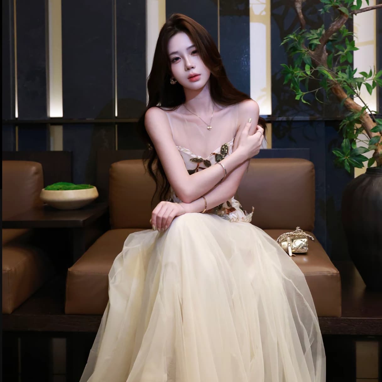 무쯔리 목자이 ~ 중 리 늦게 빛 반사하다 꽃 빛 럭셔리 분위기 센스 패치워크 자수 허리 수축 맨위 망사 반신 치마 세트 이미지 4