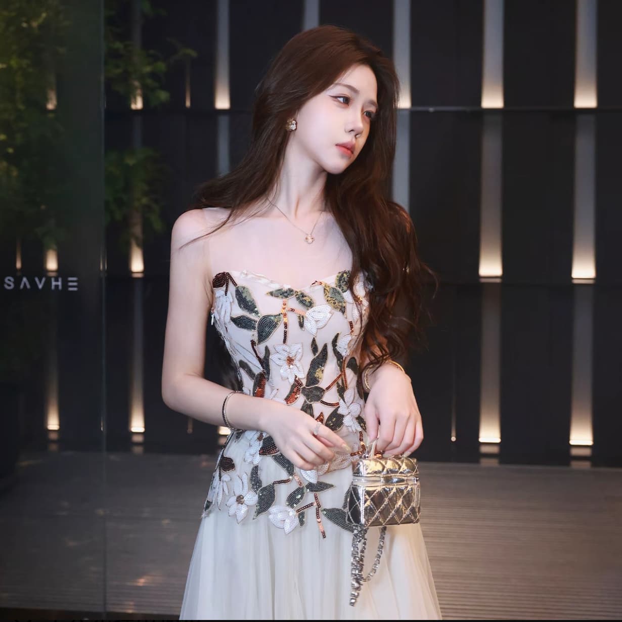 무쯔리 목자이 ~ 중 리 늦게 빛 반사하다 꽃 빛 럭셔리 분위기 센스 패치워크 자수 허리 수축 맨위 망사 반신 치마 세트 이미지 2